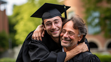 Fototapeta premium Happy smiling graduate hugs his parent after the graduation ceremony.