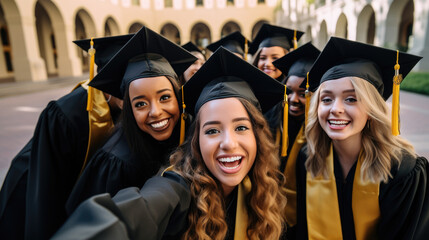 Obraz premium Happy smiling graduating friends in an academic gowns standing in front of college and taking selfie