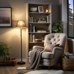 Cozy reading nook plush armchair, bookshelf filled with books of all genres, reading time, elegant interior design
