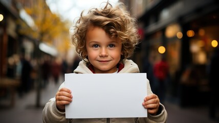 young child holding a blank sign. generative ai