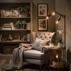 Cozy reading nook plush armchair, bookshelf filled with books of all genres, reading time, elegant interior design