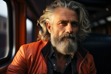 Obraz premium Portrait of a handsome senior man with gray beard and mustache wearing orange jacket.