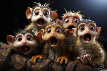 Group of funny little monkeys on black background. Selective focus.
