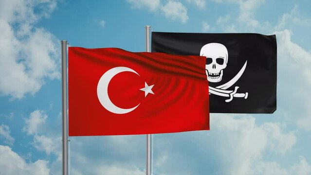 Turkey flag and corsair flag waving together in the wind on blue sky, cycle looped video