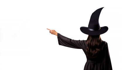 Halloween witch pointing finger to the side with empty space. AI Generative AI