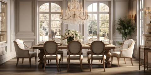 Fototapeta premium Luxurious furnished dining room, glamour dining area, elegant interior design
