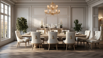 Fototapeta na wymiar Luxurious furnished dining room, glamour dining area, elegant interior design