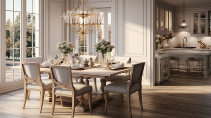 Luxurious furnished dining room, glamour dining area, elegant interior design