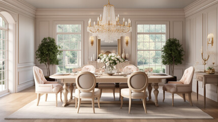 Fototapeta na wymiar Luxurious furnished dining room, glamour dining area, elegant interior design