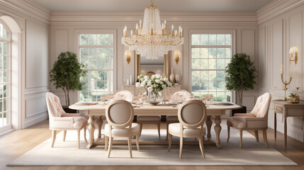 Luxurious furnished dining room, glamour dining area, elegant interior design