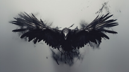 Scary black crow flying in the air with wings spread