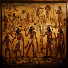 An Egyptian wall painting. Ancient Egypt. History wall painting. Egyptian papyrus and hieroglyph background - obrazy, fototapety, plakaty