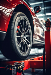 Close-up of a car tire in a mechanic workshop - 646514180