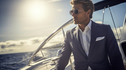 Portrait of a stylish man on a yacht - obrazy, fototapety, plakaty