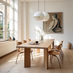 Minimal dining room, bright dining area, interior design - obrazy, fototapety, plakaty