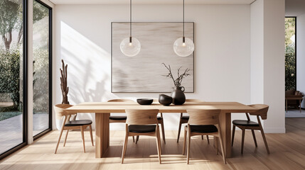 Minimal dining room, bright dining area, interior design - obrazy, fototapety, plakaty