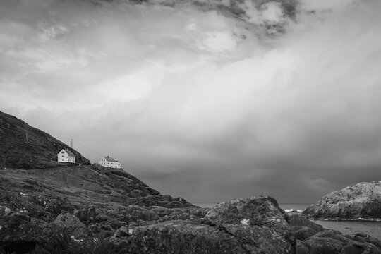Cloudy Summer Morning at Krakenes Lighthouse Beach in Måløy: Black and White Landscape © Rodrigo Ojeda