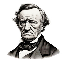 Black and white vintage engraving, headshot portrait of classical music composer Richard Wagner, serious looking expression, facing camera, white background, greyscale - Generative AI - obrazy, fototapety, plakaty