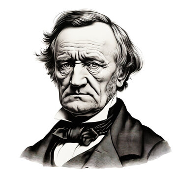 Black and white vintage engraving, headshot portrait of classical music composer Richard Wagner, serious looking expression, facing camera, white background, greyscale - Generative AI