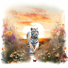 Art digital painting of a tiger walking in the field with flowers and the sunset at the background illustration 