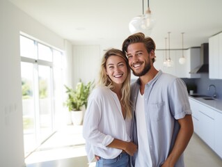 happy young smiling couple moves to new apartment