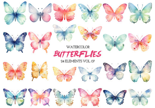 Watercolor painted butterflies clipart. Hand drawn design elements isolated on white background.