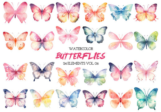 Watercolor painted butterflies clipart. Hand drawn design elements isolated on white background.