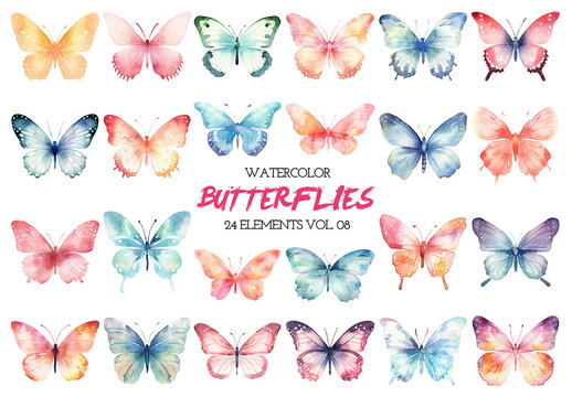 Watercolor painted butterflies clipart. Hand drawn design elements isolated on white background.