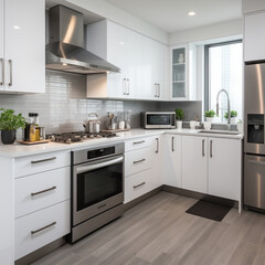 Fototapeta premium Sleek furnished kitchen, stylish Beautiful cooking area, interior design