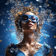 Hübsche Frau Gesicht mit blauen LED Lichtern und futuristischen Hintergrund für CD Cover House and Dance, ai generativ