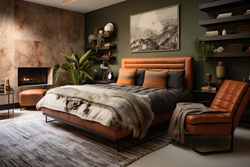 modern earth tones maximalist bedroom interior