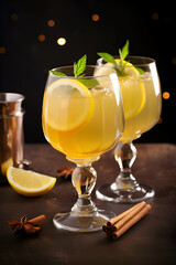 Grog or Punch drink. Warm alcoholic cocktail made of rum, sugar, spices and lemon juice on dark background. White wine sangria. Autumn or winter traditional wine warming drink. Festive drinks concept