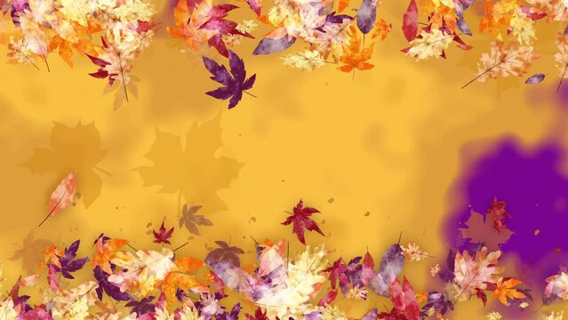 Yellow autumn background with purple spots and falling colored maple leaves. Copy space. Looped motion graphics.