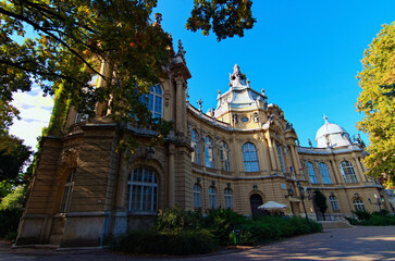 Wide-angle view of ancient building in the Vajdahunyad Castle (Hungarian agriculture museum). Beautiful decorated facade with many statues. Architecture and landmark concept. Budapest, Hungary
