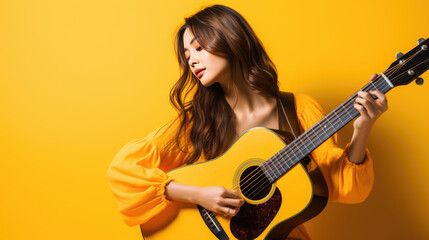 Fototapeta premium Young attractive woman playing guitar on yellow background