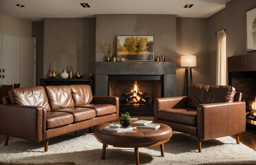 Brown Leather Chairs and a Grey Sofa Grace a Room with a Fireplace, Reflecting the Timeless Style of Modern Living Room Interior Design
