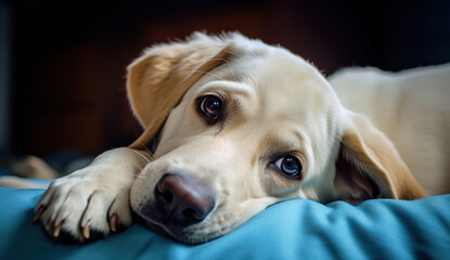 A dog with a sad face lies on a blue bed