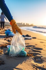 Volunteer in protective gloves picking up a plastic bottle on the shore. Generative AI
