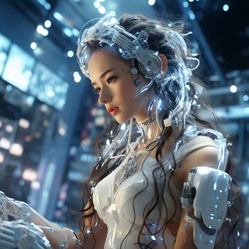 K&uuml;nstliche Intelligenz Frau als Mensch und Maschine integriert, ai generativ