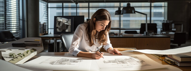 Construction concept of female engineer or architect working making blueprint in office.