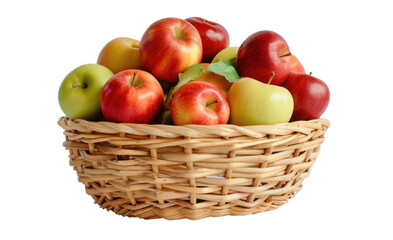 Naklejka na ściany i meble colorful ripe apples in a wicker basket, isolated object on transparent background. png file