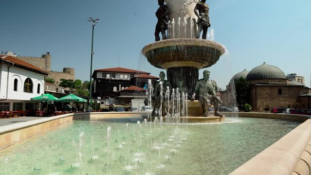 Philip II Square in Skopje. Large fountain with a statue of Philip II of Macedon. Statue of Philip II of Macedonia on top of the fountain in Skopje