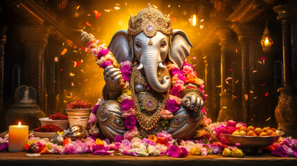 Celebrating Ganesh Chaturthi with Elephant God Idol Lord Ganesh AI Generated - obrazy, fototapety, plakaty