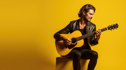 Male musician playing guitar on yellow background - obrazy, fototapety, plakaty