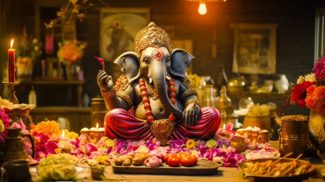 Traditional Indian Culture and Religion Ganesha Idol with Decoration AI Generated