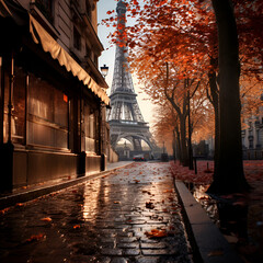 autumn landscape of Paris, park fountains, fallen leaves