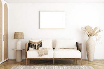Fototapeta na wymiar gallery frame mockup in boho bedroom interior with bed and pampas grass, 3d render