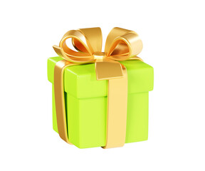 Green gift box with golden ribbon and bow 3d render illustration