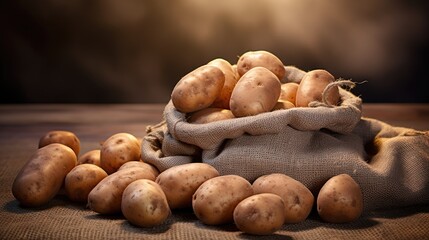 Brown new potatoes, in a rustic burlap sack, artfully displayed on an outdoor table. Generative AI
