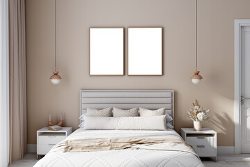 Bedroom frame mockup interior with beige walls